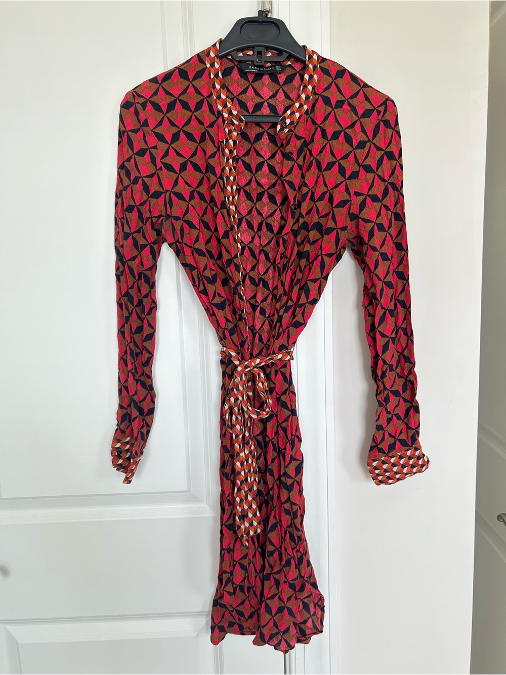 Zara Hot Pink, Brown, and Navy Geometric Long Sleeve Wrap Dress